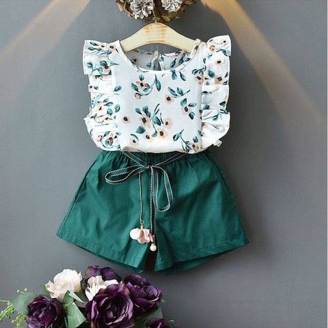 Cute Flower Printed Sleeveless Top And Sea Green Short