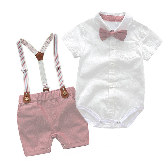 Gentleman Bow Tie Romper And Belt Pants Set